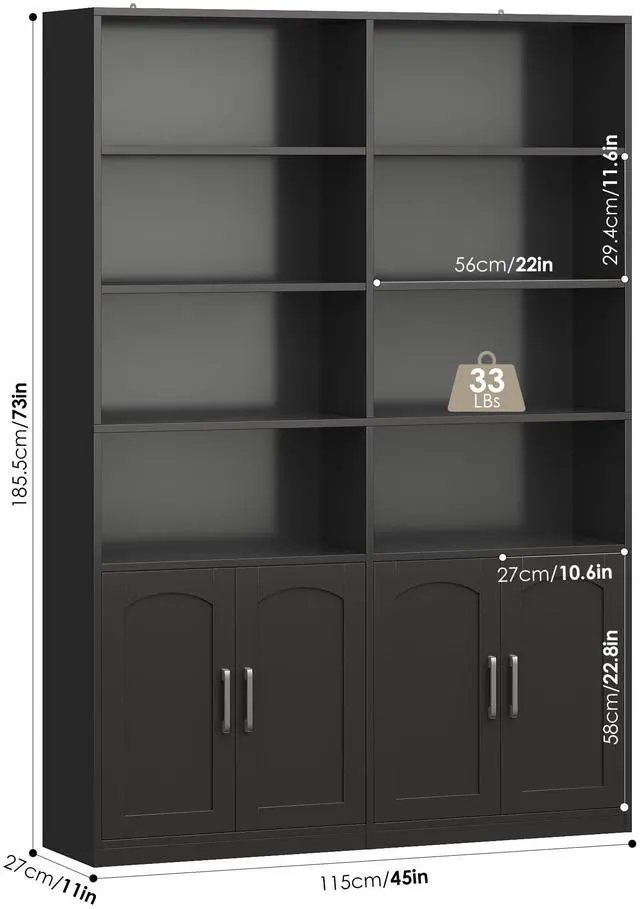 Alt view image 3 of 6 - Bookshelf and Bookcase with Doors, 6 Tier Double Wide Large Bookshelves, Open Display Shelves, 73'' Tall Bookshelf with Storage Cabinets for Home Office, Living Room, Library, Black