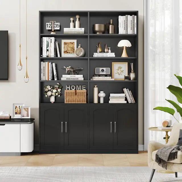 Alt view image 4 of 6 - Bookshelf and Bookcase with Doors, 6 Tier Double Wide Large Bookshelves, Open Display Shelves, 73'' Tall Bookshelf with Storage Cabinets for Home Office, Living Room, Library, Black