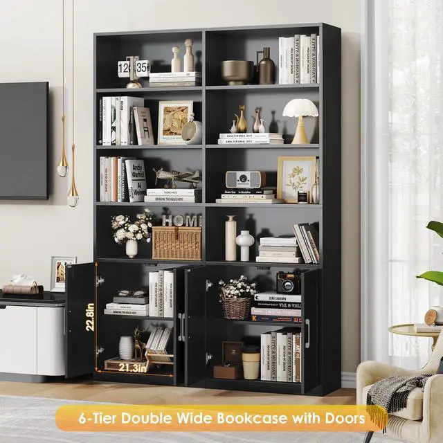 Alt view image 5 of 6 - Bookshelf and Bookcase with Doors, 6 Tier Double Wide Large Bookshelves, Open Display Shelves, 73'' Tall Bookshelf with Storage Cabinets for Home Office, Living Room, Library, Black