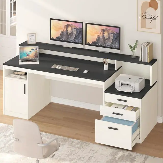 Main image of 65 Inch Computer Desk with 3 Drawers & Storage Shelves, Executive Desk with File Drawer & Cabinet, Home Office Desk with Long Monitor Stand & Printer Shelf, Black & White