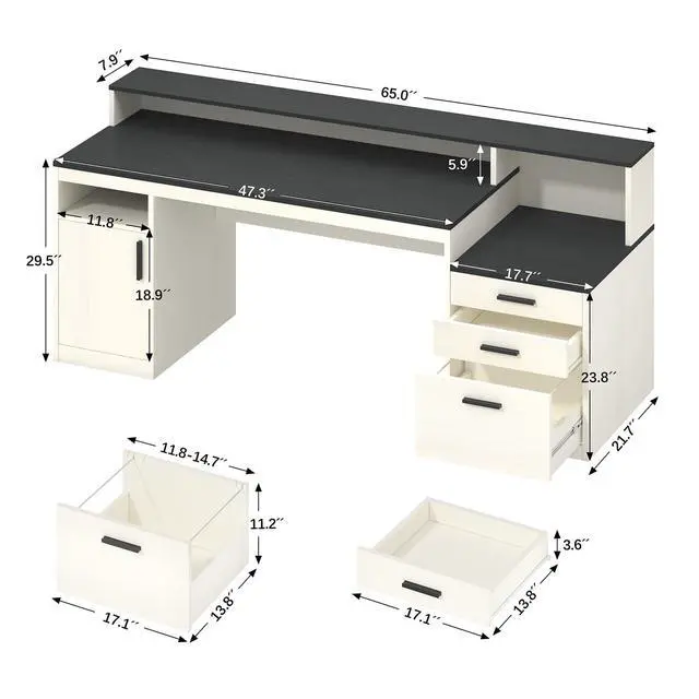 Alt view image 2 of 6 - 65 Inch Computer Desk with 3 Drawers & Storage Shelves, Executive Desk with File Drawer & Cabinet, Home Office Desk with Long Monitor Stand & Printer Shelf, Black & White