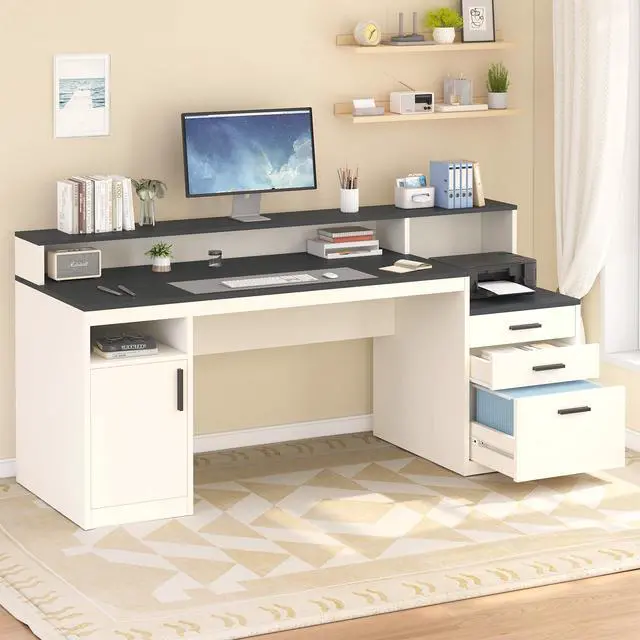 Alt view image 3 of 6 - 65 Inch Computer Desk with 3 Drawers & Storage Shelves, Executive Desk with File Drawer & Cabinet, Home Office Desk with Long Monitor Stand & Printer Shelf, Black & White