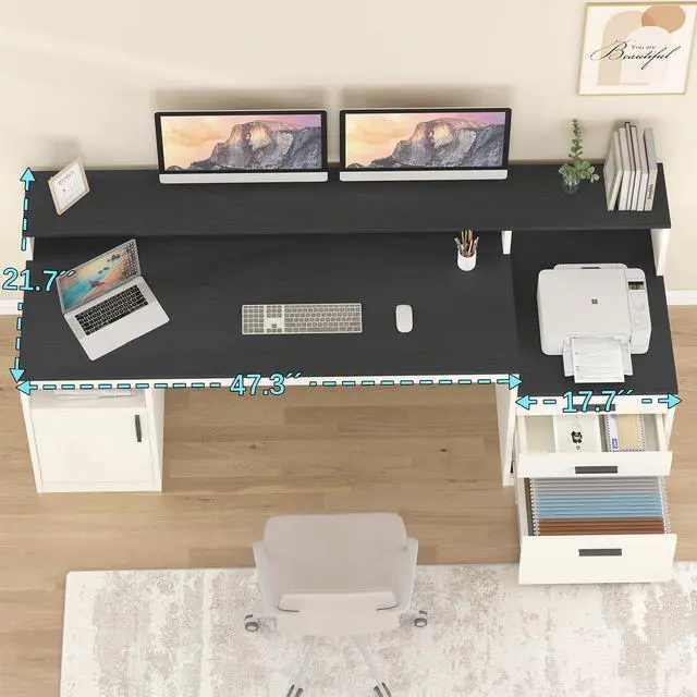 Alt view image 4 of 6 - 65 Inch Computer Desk with 3 Drawers & Storage Shelves, Executive Desk with File Drawer & Cabinet, Home Office Desk with Long Monitor Stand & Printer Shelf, Black & White