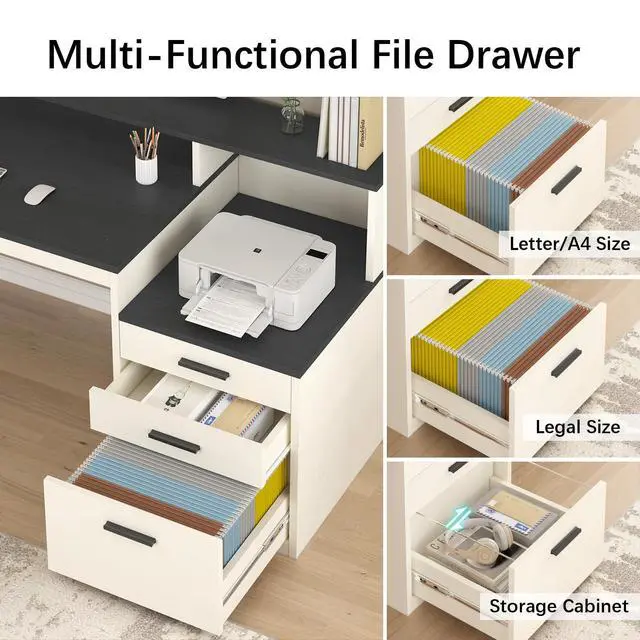 Alt view image 5 of 6 - 65 Inch Computer Desk with 3 Drawers & Storage Shelves, Executive Desk with File Drawer & Cabinet, Home Office Desk with Long Monitor Stand & Printer Shelf, Black & White
