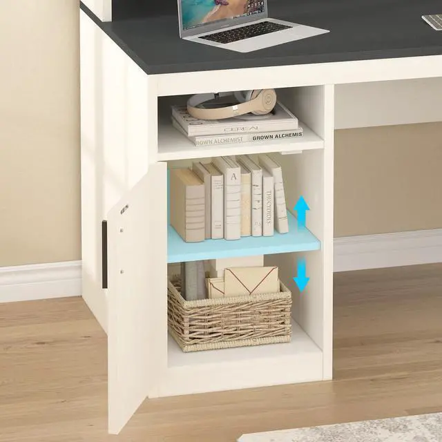 Alt view image 6 of 6 - 65 Inch Computer Desk with 3 Drawers & Storage Shelves, Executive Desk with File Drawer & Cabinet, Home Office Desk with Long Monitor Stand & Printer Shelf, Black & White