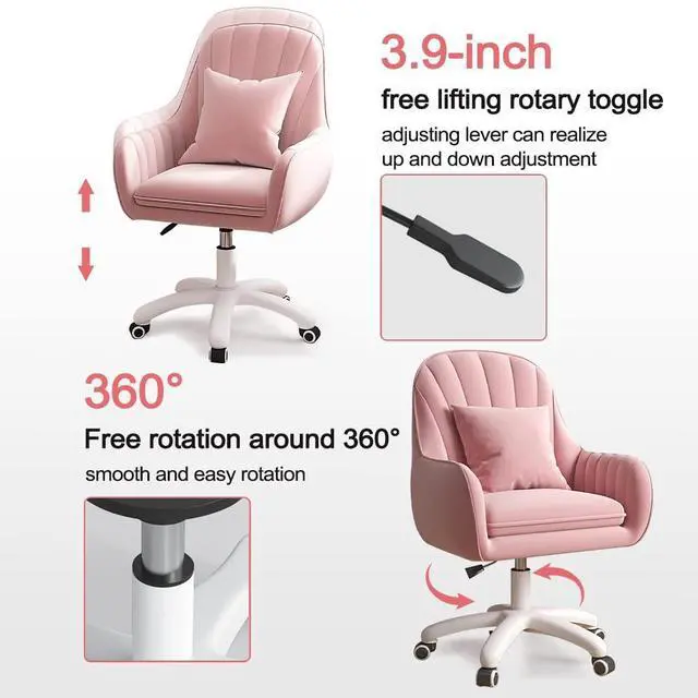 Alt view image 3 of 6 - Velvet Desk Chair with Pillow Upholstered Vanity Chair for Girls Women, Home Office Computer Task Chair with Wheels Swivel Rolling Accent Chair for Living Room, Bedroom