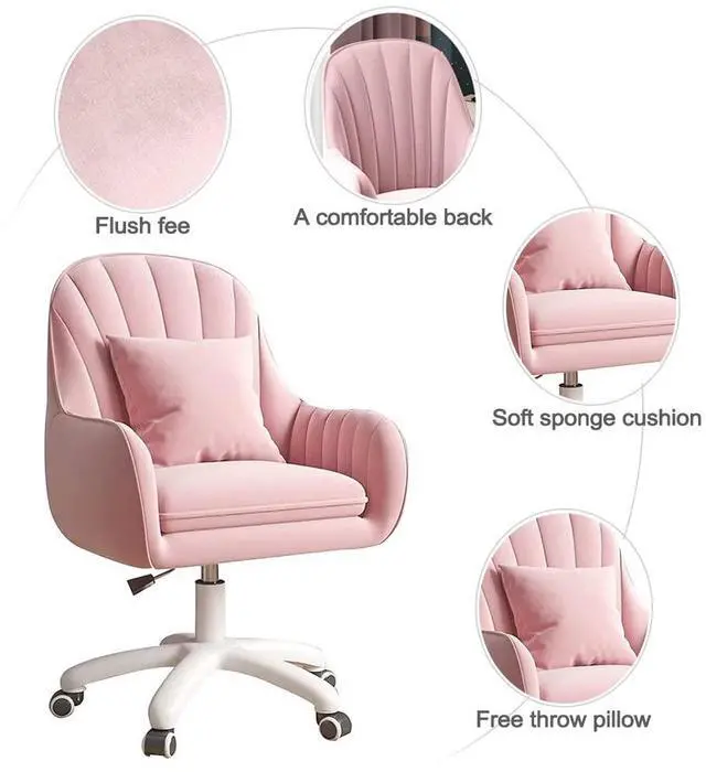 Alt view image 5 of 6 - Velvet Desk Chair with Pillow Upholstered Vanity Chair for Girls Women, Home Office Computer Task Chair with Wheels Swivel Rolling Accent Chair for Living Room, Bedroom