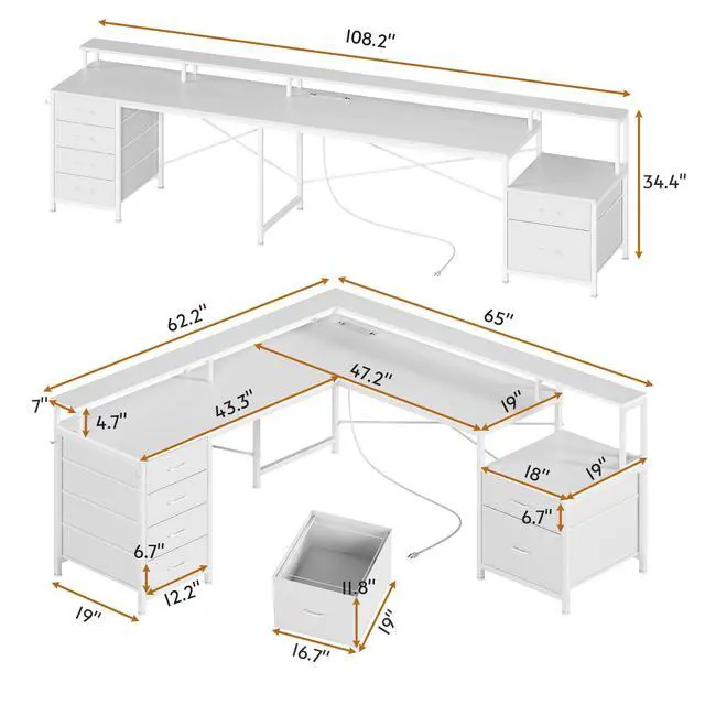 Alt view image 2 of 6 - L Shaped Desk with 6 Drawer, 108" Home Office Desk with File Drawer & Power Outlet, Corner Computer Desk with Monitor Shelf, File Cabinet, Two Person Desk, Gaming Desk with Led Lights, White
