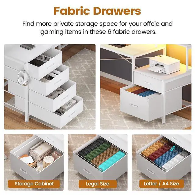 Alt view image 4 of 6 - L Shaped Desk with 6 Drawer, 108" Home Office Desk with File Drawer & Power Outlet, Corner Computer Desk with Monitor Shelf, File Cabinet, Two Person Desk, Gaming Desk with Led Lights, White