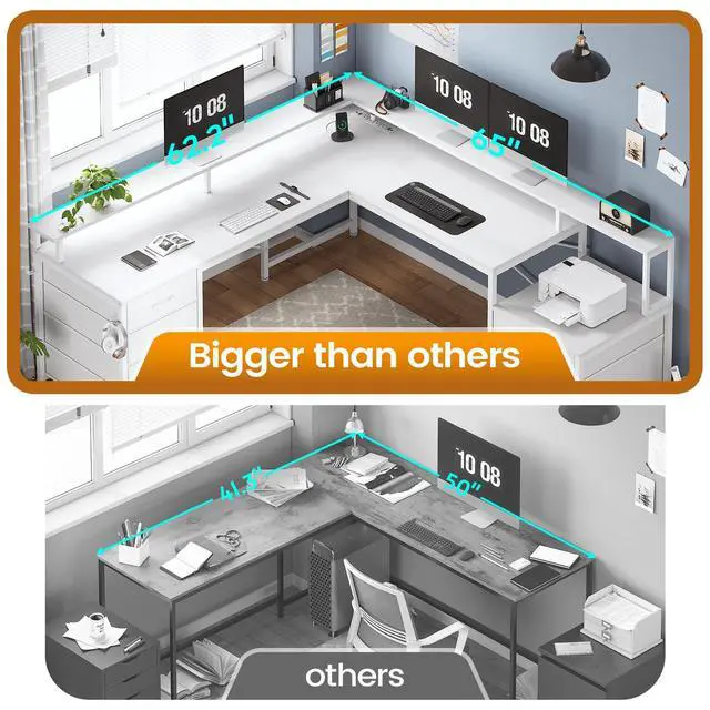 Alt view image 6 of 6 - L Shaped Desk with 6 Drawer, 108" Home Office Desk with File Drawer & Power Outlet, Corner Computer Desk with Monitor Shelf, File Cabinet, Two Person Desk, Gaming Desk with Led Lights, White