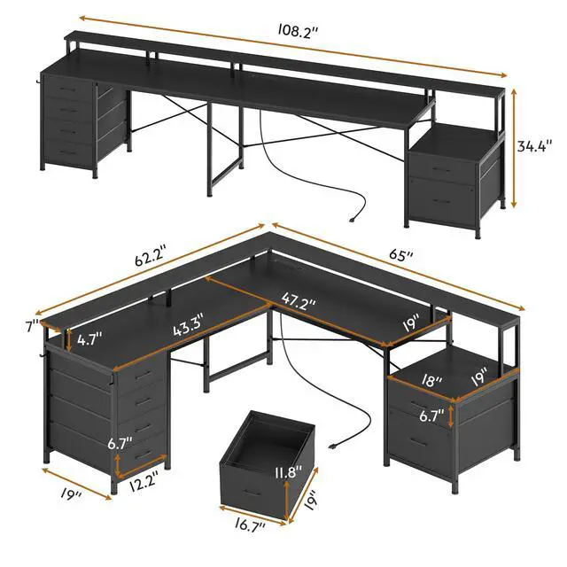 Alt view image 3 of 6 - L Shaped Desk with 6 Drawer, 108" Home Office Desk with File Drawer & Power Outlet, Corner Computer Desk with Monitor Shelf, File Cabinet, Two Person Desk, Gaming Desk with Led Lights, Black