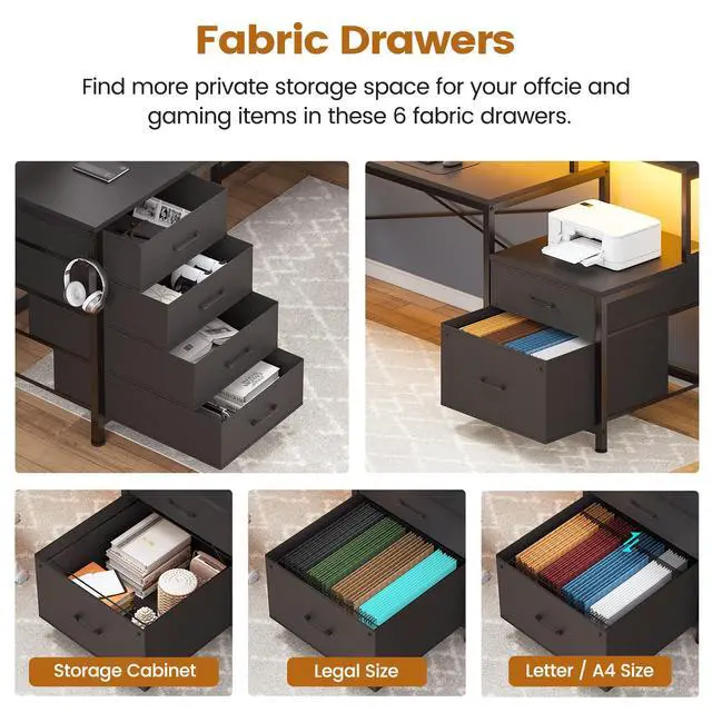 Alt view image 4 of 6 - L Shaped Desk with 6 Drawer, 108" Home Office Desk with File Drawer & Power Outlet, Corner Computer Desk with Monitor Shelf, File Cabinet, Two Person Desk, Gaming Desk with Led Lights, Black
