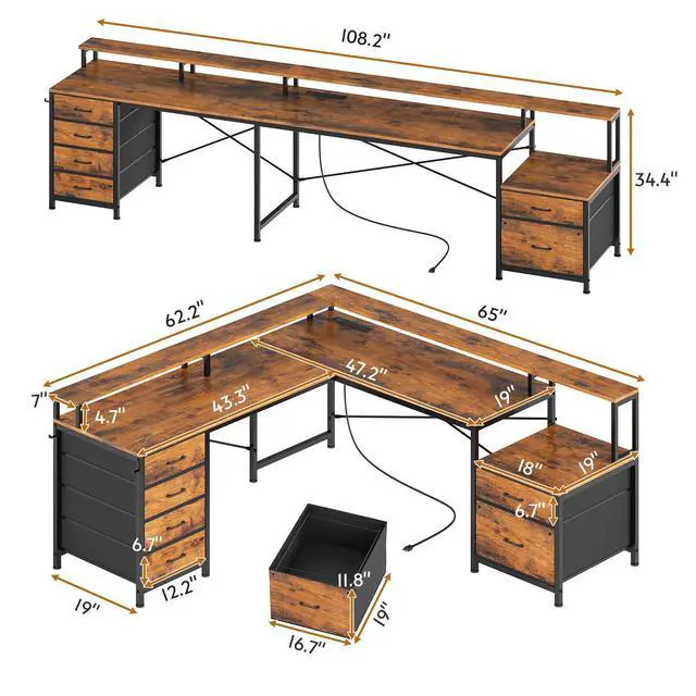 Alt view image 3 of 6 - L Shaped Desk with 6 Drawer, 108" Home Office Desk with File Drawer & Power Outlet, Corner Computer Desk with Monitor Shelf, Two Person Desk, Gaming Desk with Led Lights, Rustic Brown