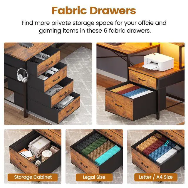 Alt view image 5 of 6 - L Shaped Desk with 6 Drawer, 108" Home Office Desk with File Drawer & Power Outlet, Corner Computer Desk with Monitor Shelf, Two Person Desk, Gaming Desk with Led Lights, Rustic Brown