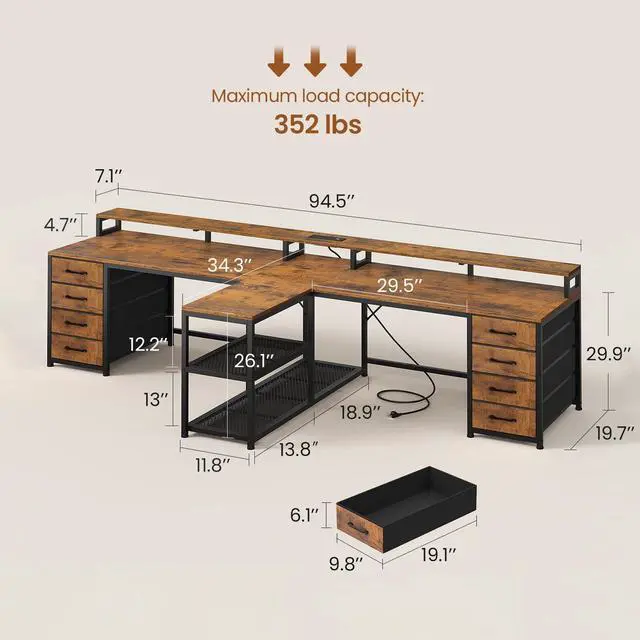 Alt view image 2 of 6 - 94.5" 2 Person Gaming Desk, Long Office Computer Desk with 8 Drawers & LED Lights, Two Person Desk with Storage, Power Strip & Monitor Stand for Home Office, Rustic Brown