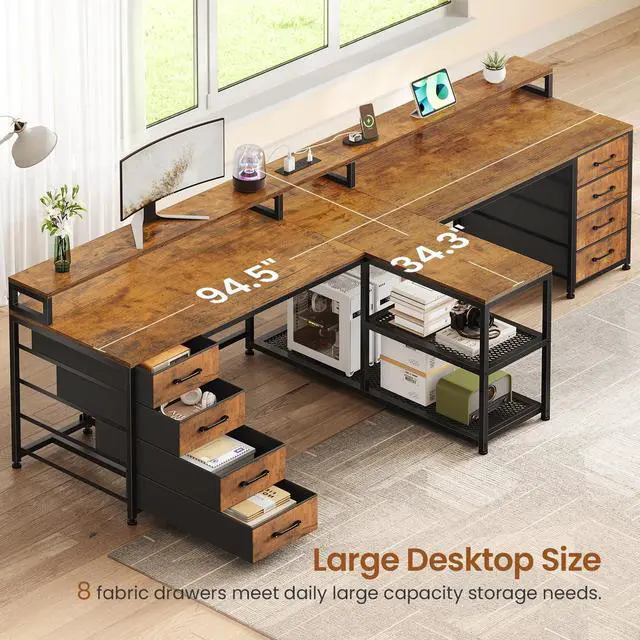 Alt view image 3 of 6 - 94.5" 2 Person Gaming Desk, Long Office Computer Desk with 8 Drawers & LED Lights, Two Person Desk with Storage, Power Strip & Monitor Stand for Home Office, Rustic Brown