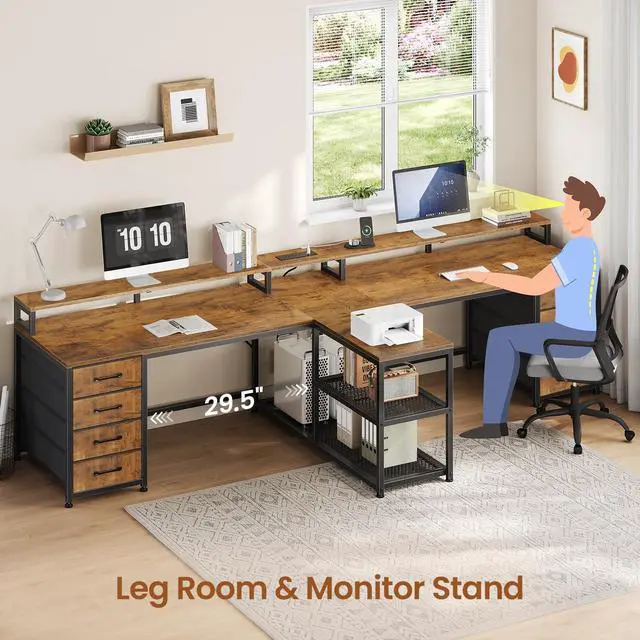 Alt view image 6 of 6 - 94.5" 2 Person Gaming Desk, Long Office Computer Desk with 8 Drawers & LED Lights, Two Person Desk with Storage, Power Strip & Monitor Stand for Home Office, Rustic Brown