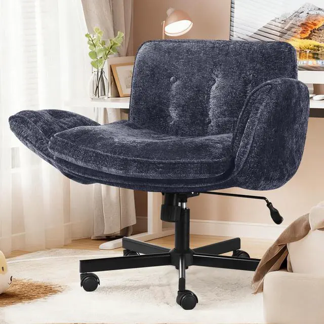 Main image of Criss Cross Chair with Wheels & Arms, Chenille Cross Legged Office Chair with 5-level Folding Armrest, Comfortable Adjustable Swivel Vanity Chair for Home, Make Up, Bed Room, Office, Accent (Blue)