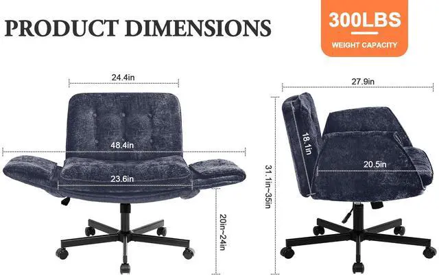 Alt view image 2 of 6 - Criss Cross Chair with Wheels & Arms, Chenille Cross Legged Office Chair with 5-level Folding Armrest, Comfortable Adjustable Swivel Vanity Chair for Home, Make Up, Bed Room, Office, Accent (Blue)