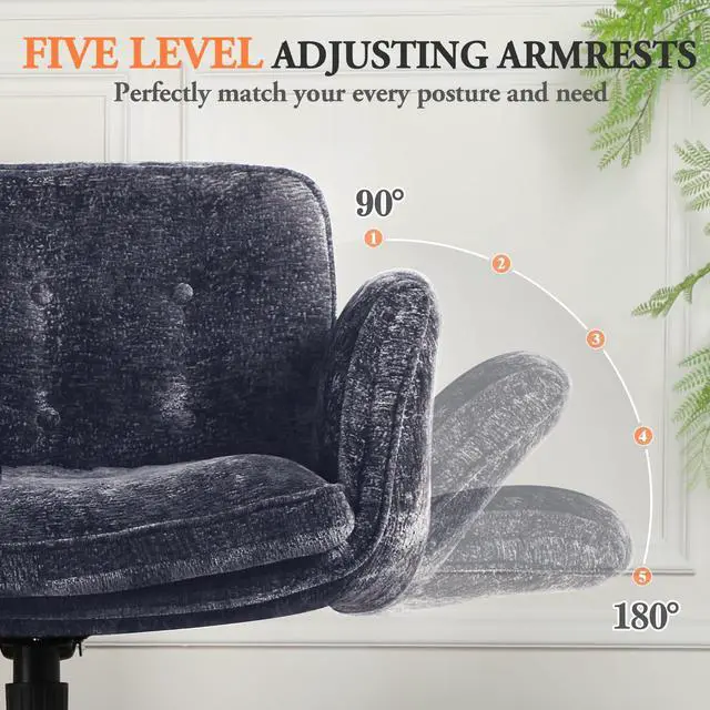 Alt view image 3 of 6 - Criss Cross Chair with Wheels & Arms, Chenille Cross Legged Office Chair with 5-level Folding Armrest, Comfortable Adjustable Swivel Vanity Chair for Home, Make Up, Bed Room, Office, Accent (Blue)