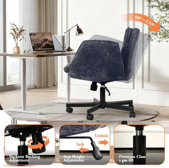 Alt view image 4 of 6 - Criss Cross Chair with Wheels & Arms, Chenille Cross Legged Office Chair with 5-level Folding Armrest, Comfortable Adjustable Swivel Vanity Chair for Home, Make Up, Bed Room, Office, Accent (Blue)