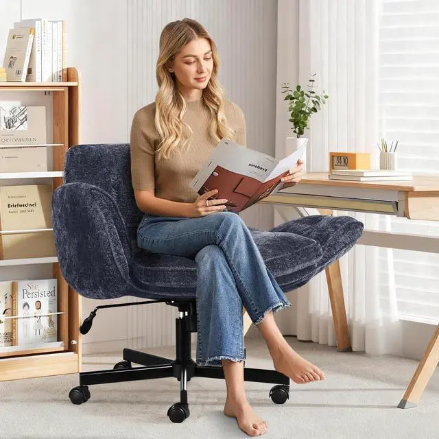 Alt view image 6 of 6 - Criss Cross Chair with Wheels & Arms, Chenille Cross Legged Office Chair with 5-level Folding Armrest, Comfortable Adjustable Swivel Vanity Chair for Home, Make Up, Bed Room, Office, Accent (Blue)