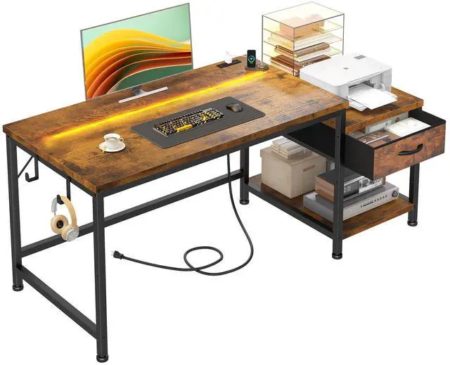 Main image of 48.1''Gaming Computer Desk with A Reversible Printer Shelf, Built-in Power Outlets & LED Lights, Desk with Drawer and Headphone Hook for Gaming,Craft Working and Studying in Bedroom, Dorm,Rustic Brown