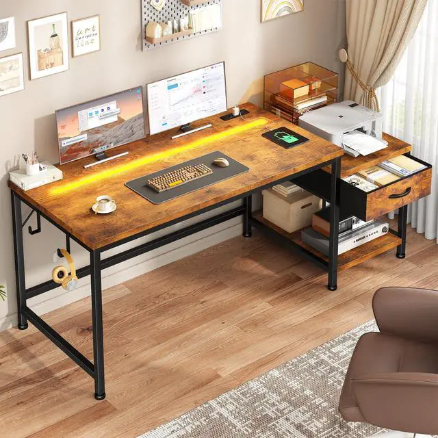 Alt view image 2 of 6 - 48.1''Gaming Computer Desk with A Reversible Printer Shelf, Built-in Power Outlets & LED Lights, Desk with Drawer and Headphone Hook for Gaming,Craft Working and Studying in Bedroom, Dorm,Rustic Brown