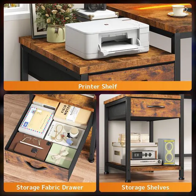 Alt view image 3 of 6 - 48.1''Gaming Computer Desk with A Reversible Printer Shelf, Built-in Power Outlets & LED Lights, Desk with Drawer and Headphone Hook for Gaming,Craft Working and Studying in Bedroom, Dorm,Rustic Brown