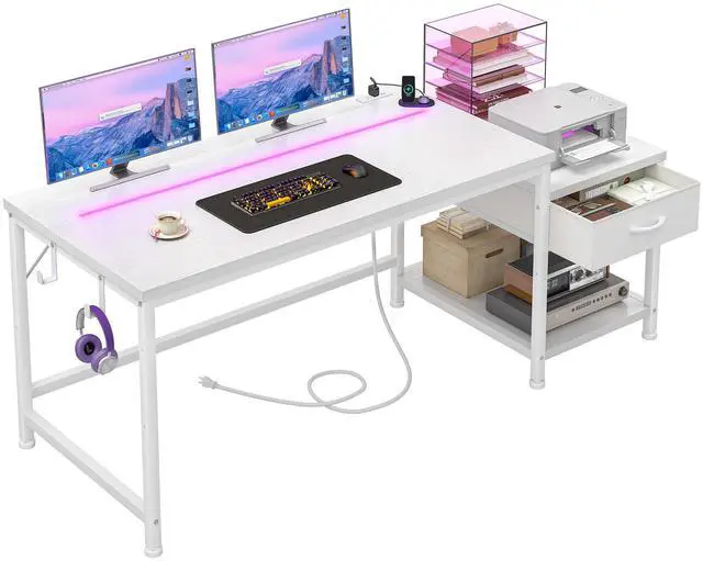 Main image of 56 Inch White Computer Desk with Printer Shelf, Power Outlet & LED Lights, Reversible Office Desk with Drawers & Hooks for Headphone, Bags for Bedroom,Dorm,Teens Study Room,White