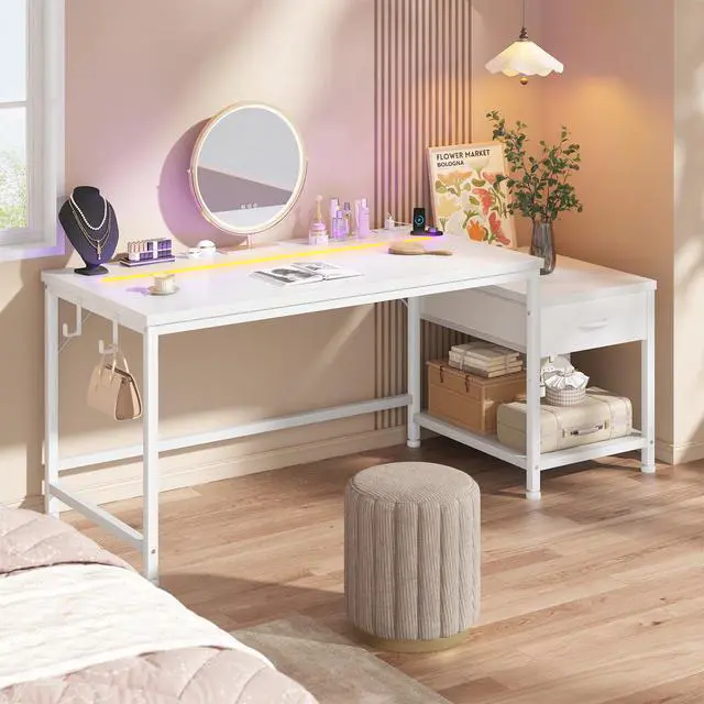Alt view image 2 of 6 - 56 Inch White Computer Desk with Printer Shelf, Power Outlet & LED Lights, Reversible Office Desk with Drawers & Hooks for Headphone, Bags for Bedroom,Dorm,Teens Study Room,White