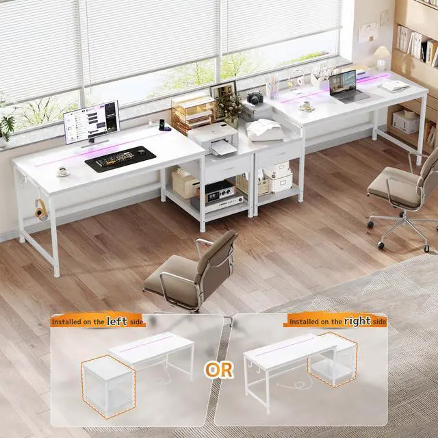 Alt view image 6 of 6 - 56 Inch White Computer Desk with Printer Shelf, Power Outlet & LED Lights, Reversible Office Desk with Drawers & Hooks for Headphone, Bags for Bedroom,Dorm,Teens Study Room,White