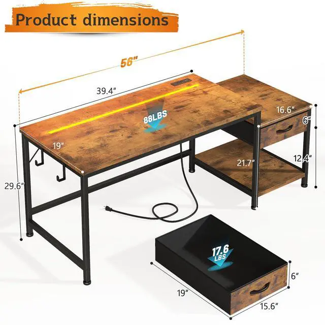 Alt view image 2 of 6 - 56" Computer Desk with Printer Shelf & Power Outlets Reversible Gaming Desk with LED Lights, Drawer & Headphone Hook for Teen Bedroom, Dorm, Home Office, Rustic Brown