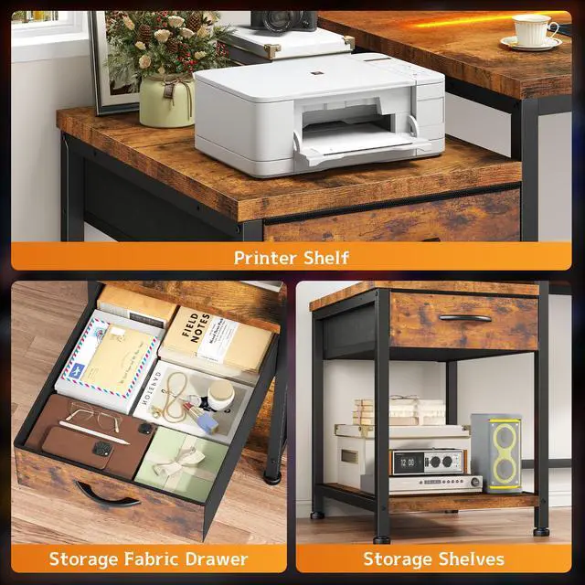 Alt view image 3 of 6 - 56" Computer Desk with Printer Shelf & Power Outlets Reversible Gaming Desk with LED Lights, Drawer & Headphone Hook for Teen Bedroom, Dorm, Home Office, Rustic Brown