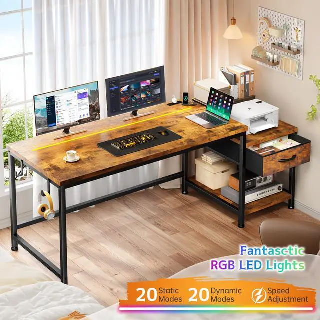 Alt view image 5 of 6 - 56" Computer Desk with Printer Shelf & Power Outlets Reversible Gaming Desk with LED Lights, Drawer & Headphone Hook for Teen Bedroom, Dorm, Home Office, Rustic Brown
