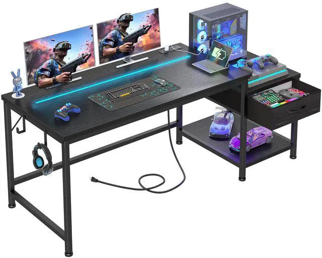 Main image of 56 Inch Gaming Desk with Printer Shelf and LED Lights,Reversible Computer Desk with Drawers and Power Outlets,Study Table with Hooks for Headphone,Bags,Gamer Desk Work Desk for Teen Bedroom,Dorm