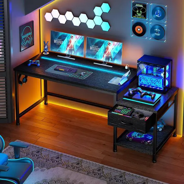 Alt view image 2 of 6 - 56 Inch Gaming Desk with Printer Shelf and LED Lights,Reversible Computer Desk with Drawers and Power Outlets,Study Table with Hooks for Headphone,Bags,Gamer Desk Work Desk for Teen Bedroom,Dorm