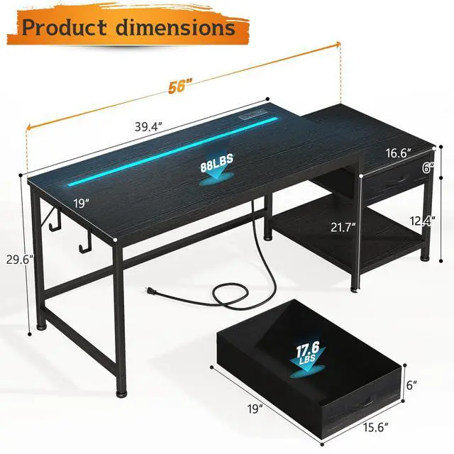 Alt view image 3 of 6 - 56 Inch Gaming Desk with Printer Shelf and LED Lights,Reversible Computer Desk with Drawers and Power Outlets,Study Table with Hooks for Headphone,Bags,Gamer Desk Work Desk for Teen Bedroom,Dorm