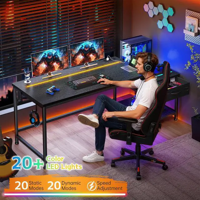 Alt view image 6 of 6 - 56 Inch Gaming Desk with Printer Shelf and LED Lights,Reversible Computer Desk with Drawers and Power Outlets,Study Table with Hooks for Headphone,Bags,Gamer Desk Work Desk for Teen Bedroom,Dorm