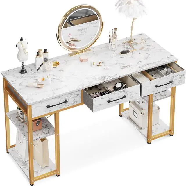 Main image of Vanity Desk with 3 Fabric Drawers & Storage Shelves, Makeup Dressing Table, Home Office Desks for Bedroom, Small Modern Writing Desk for Girls Bedroom, White and Gold, 48"x16" (No Mirror)