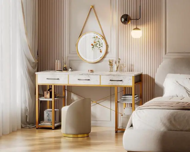 Alt view image 2 of 6 - Vanity Desk with 3 Fabric Drawers & Storage Shelves, Makeup Dressing Table, Home Office Desks for Bedroom, Small Modern Writing Desk for Girls Bedroom, White and Gold, 48"x16" (No Mirror)