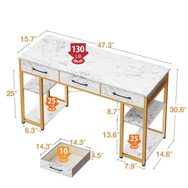 Alt view image 3 of 6 - Vanity Desk with 3 Fabric Drawers & Storage Shelves, Makeup Dressing Table, Home Office Desks for Bedroom, Small Modern Writing Desk for Girls Bedroom, White and Gold, 48"x16" (No Mirror)