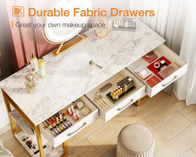 Alt view image 4 of 6 - Vanity Desk with 3 Fabric Drawers & Storage Shelves, Makeup Dressing Table, Home Office Desks for Bedroom, Small Modern Writing Desk for Girls Bedroom, White and Gold, 48"x16" (No Mirror)