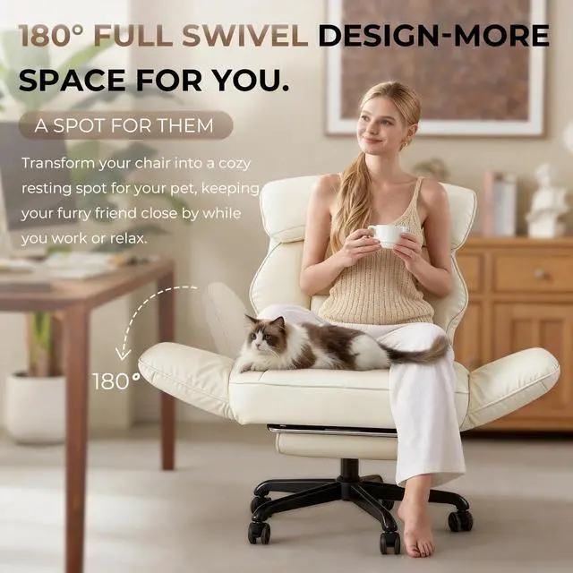 Alt view image 3 of 6 - Cross Legged Office Chair with Pivoting Armrests,Criss Cross Chair with Pocket Spring Seat & Back,Reclining Computer Gaming Chair with Footrest and Metal Base (Cream)
