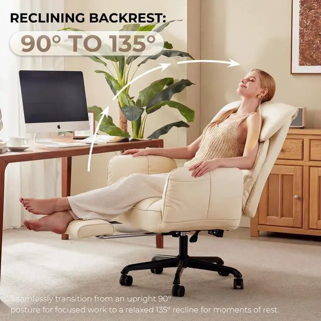 Alt view image 6 of 6 - Cross Legged Office Chair with Pivoting Armrests,Criss Cross Chair with Pocket Spring Seat & Back,Reclining Computer Gaming Chair with Footrest and Metal Base (Cream)