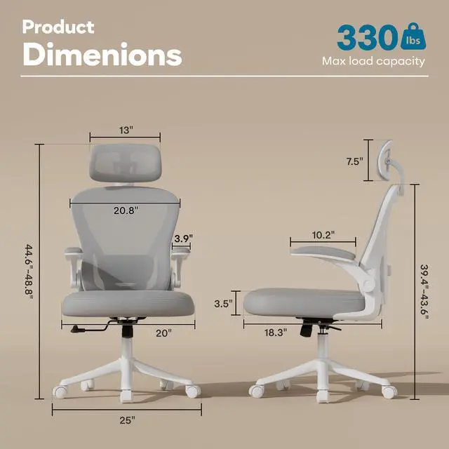 Alt view image 2 of 6 - Ergonomic Office Chair M903, Computer Desk Chair | High Back Mesh Office Chair with Adjustable Lumbar Support, Headrest, Flip-Up Armrests, Wheels, 330LBS Capacity, White Grey