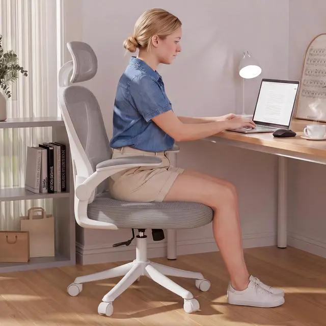 Alt view image 3 of 6 - Ergonomic Office Chair M903, Computer Desk Chair | High Back Mesh Office Chair with Adjustable Lumbar Support, Headrest, Flip-Up Armrests, Wheels, 330LBS Capacity, White Grey