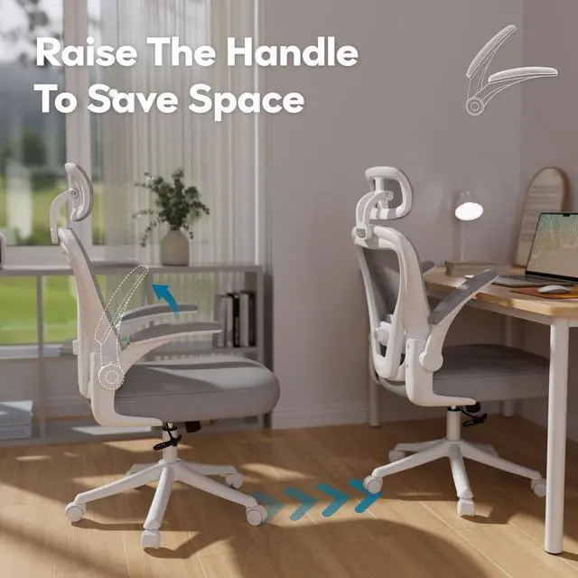 Alt view image 4 of 6 - Ergonomic Office Chair M903, Computer Desk Chair | High Back Mesh Office Chair with Adjustable Lumbar Support, Headrest, Flip-Up Armrests, Wheels, 330LBS Capacity, White Grey