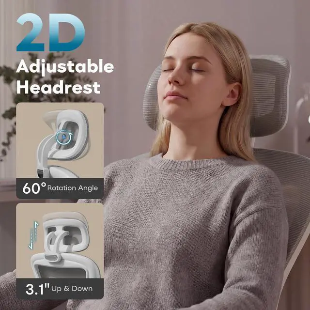 Alt view image 5 of 6 - Ergonomic Office Chair M903, Computer Desk Chair | High Back Mesh Office Chair with Adjustable Lumbar Support, Headrest, Flip-Up Armrests, Wheels, 330LBS Capacity, White Grey