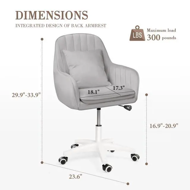 Alt view image 2 of 6 - Mid Back Velvet Vanity Chair Swivel Rolling Desk Chair with Wheels, Modern Upholstered Makeup Chair for Women Girls, Computer Task Chair for Bedroom Living Room Office, Gray